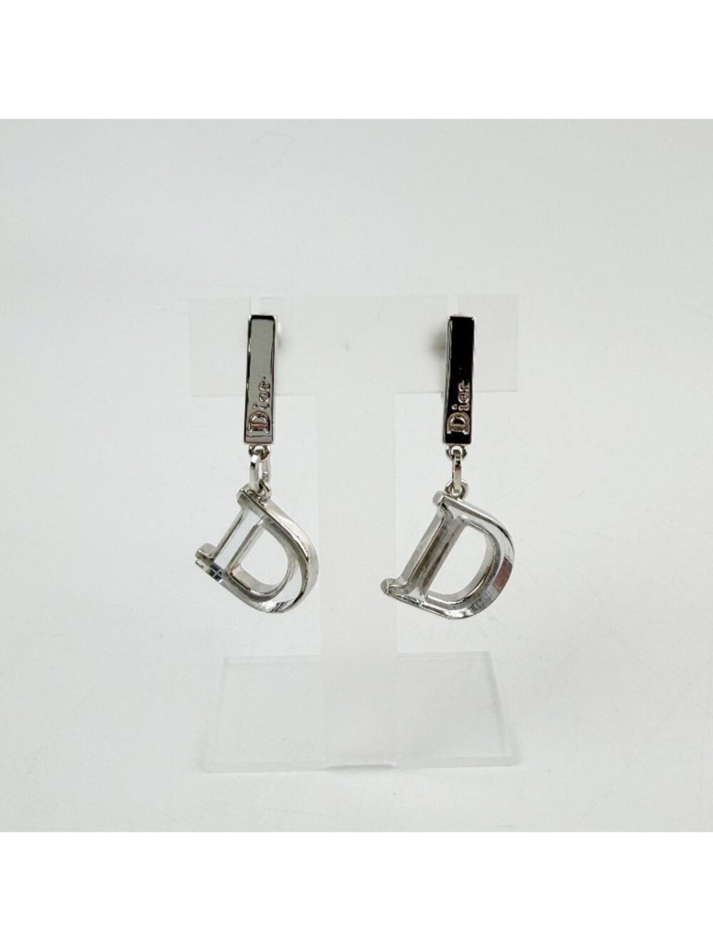 Dior D Logo Swing Clip-On Earrings Plated Silver Vintage